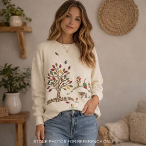 Alfred Dunner Embroidered Cottagecore Sweater S Cream Ramie Cotton Farm Scene